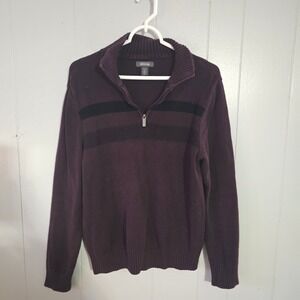 Kenneth Cole Reaction‎ Mens Medium Burgundy Black Striped 1/4 Zip Cotton Sweater